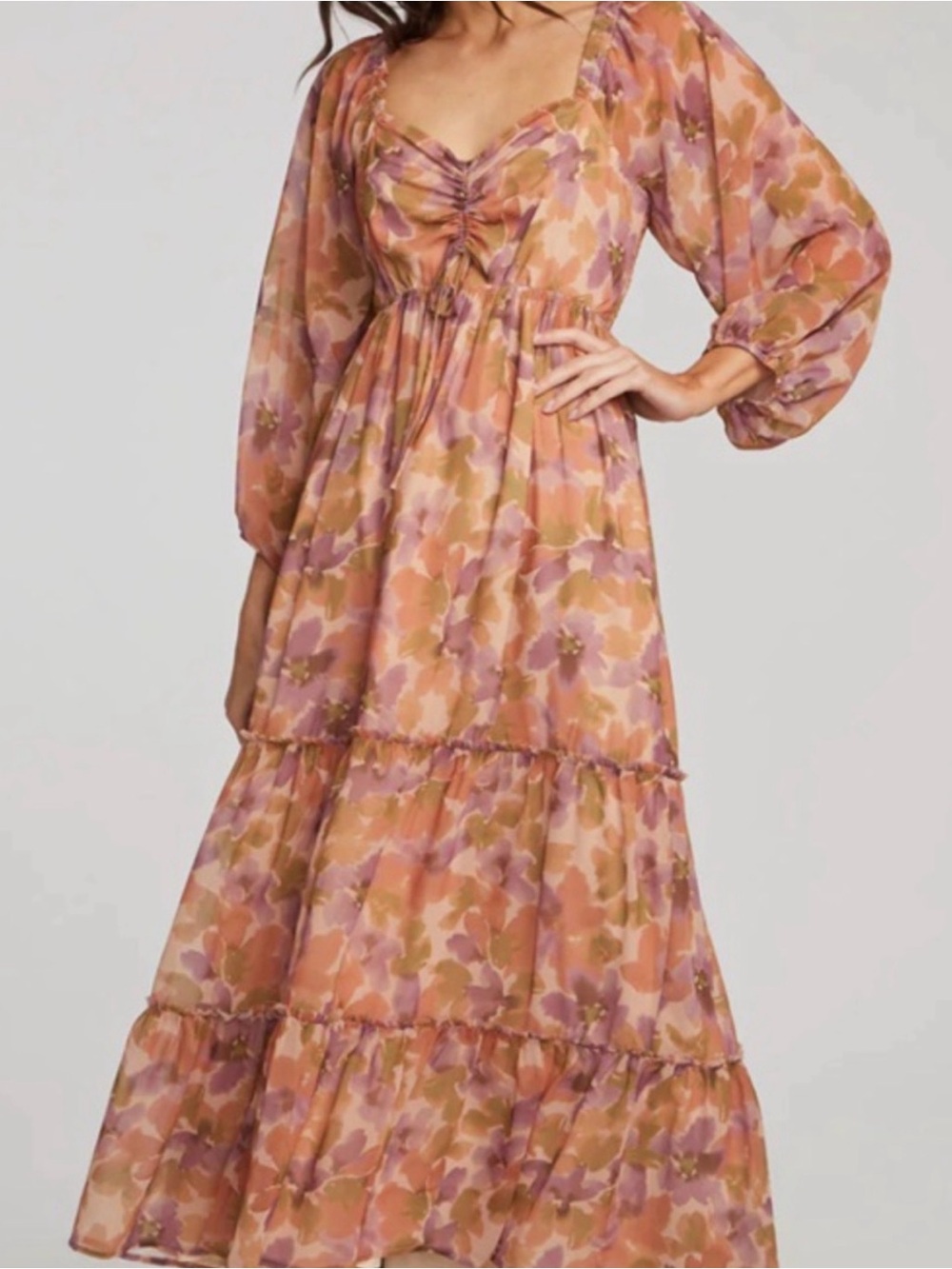 saltwater LUXE Floral Ruched Maxi Dress in Peach and Mauve